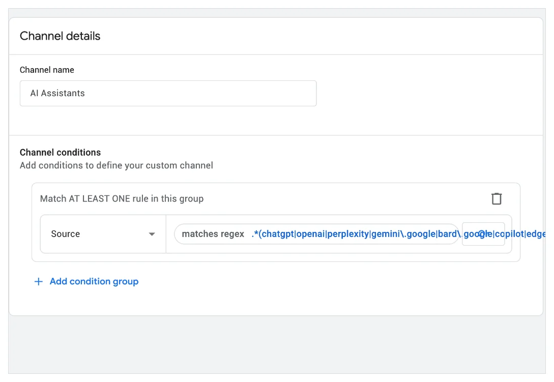 GA4 custom channel named AI Assistants with a source matches regex condition