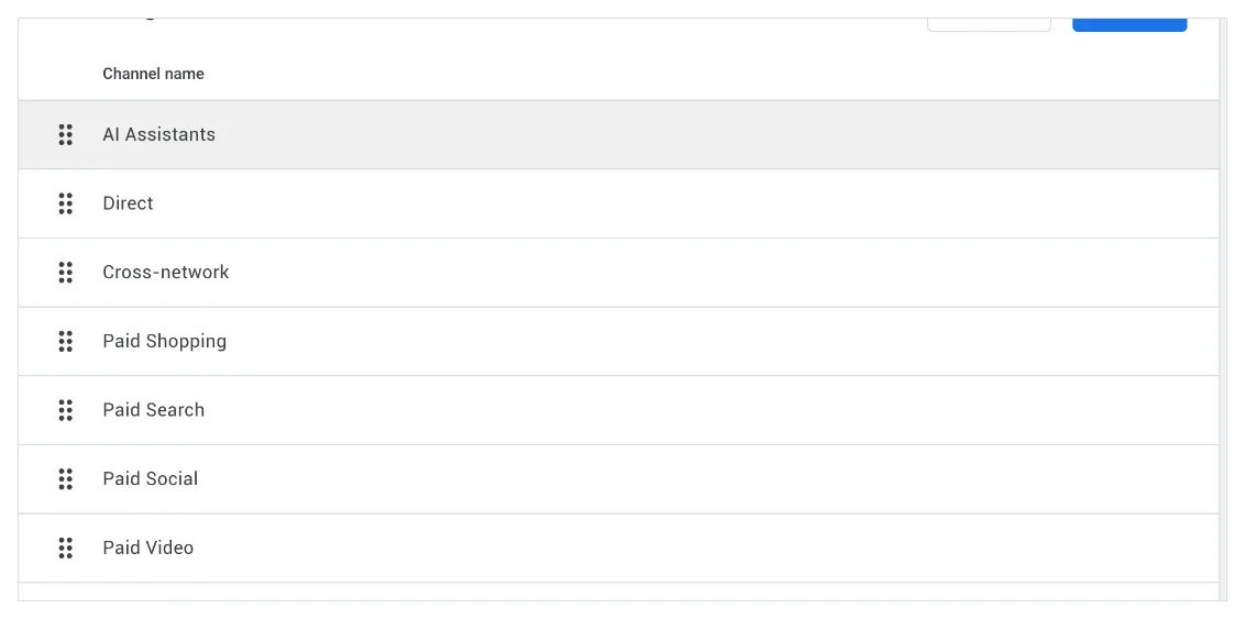 GA4 channel group reorder with AI Assistants moved to the top above Direct