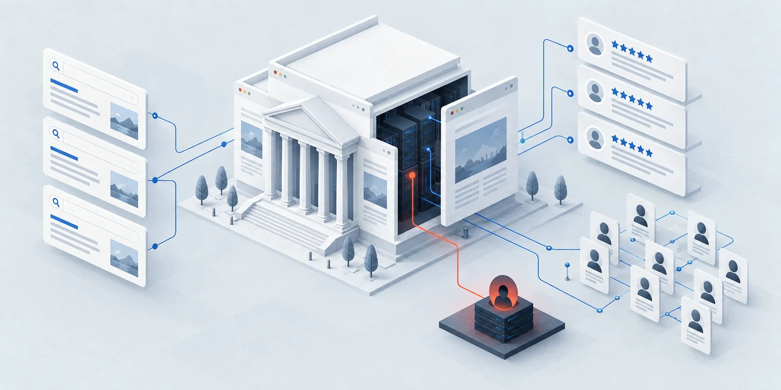 Conceptual illustration of a trusted website connected to search results, review cards and anonymous profiles, with hidden unauthorized control.