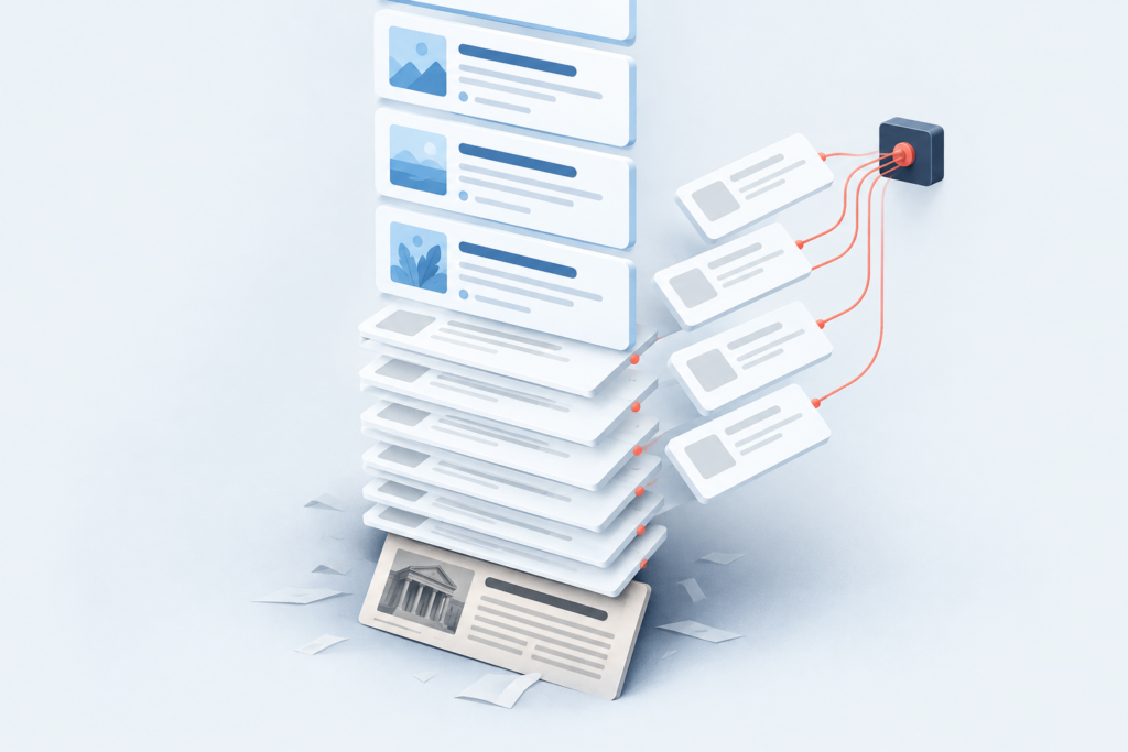 Reputation laundering illustration: filler pages directed by a hidden control node push a news article down to the bottom of the search results.