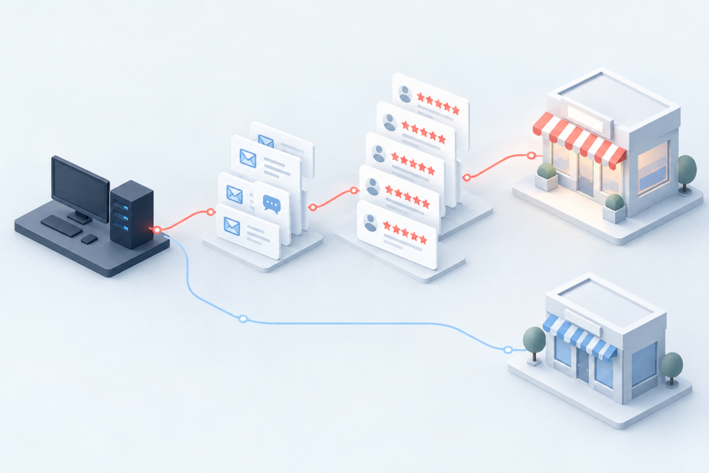 Fake review supply chain illustration: an operator workstation sends orders through brokers to five-star review cards that point at one storefront.