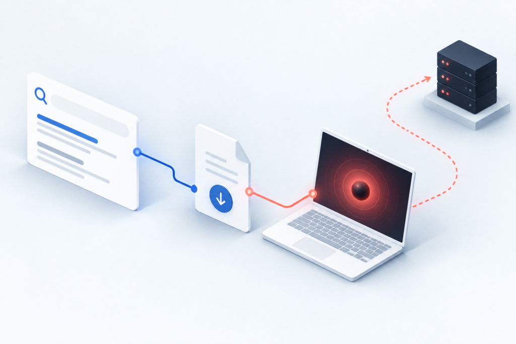 SEO poisoning illustration: a search result leads to a download, the download infects a laptop, and the laptop connects back to an attacker server.