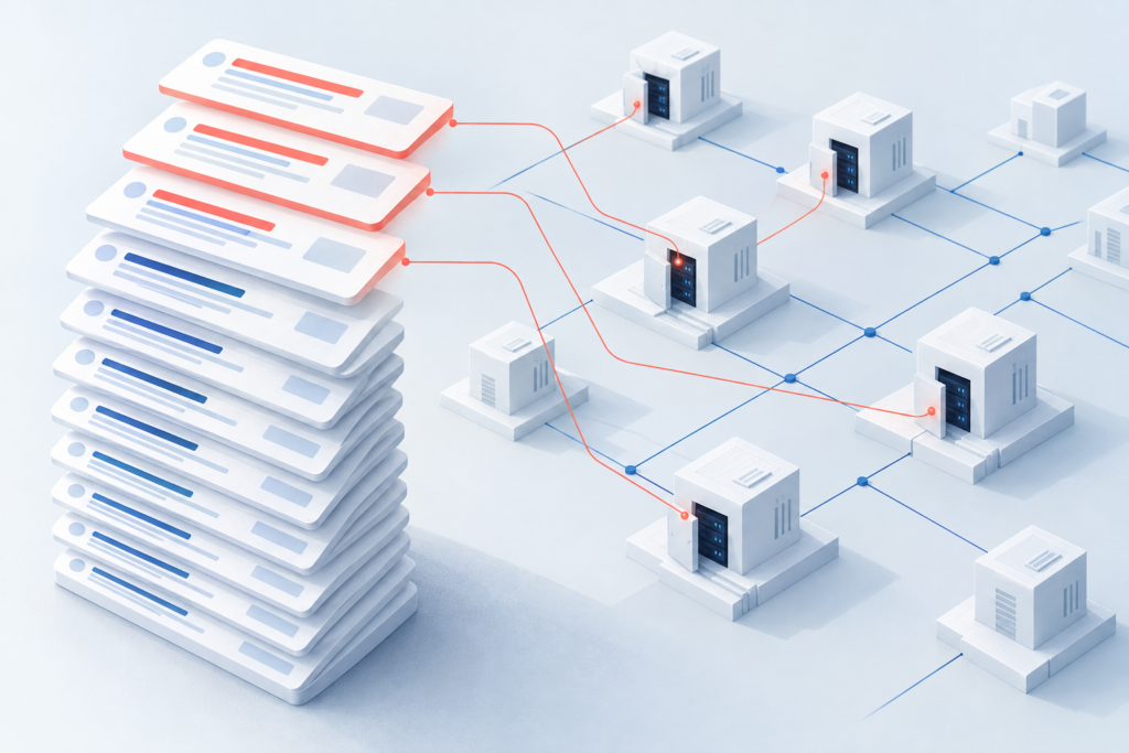 Black hat SEO illustration: hacked web servers feeding poisoned results into the top of a stack of search results.