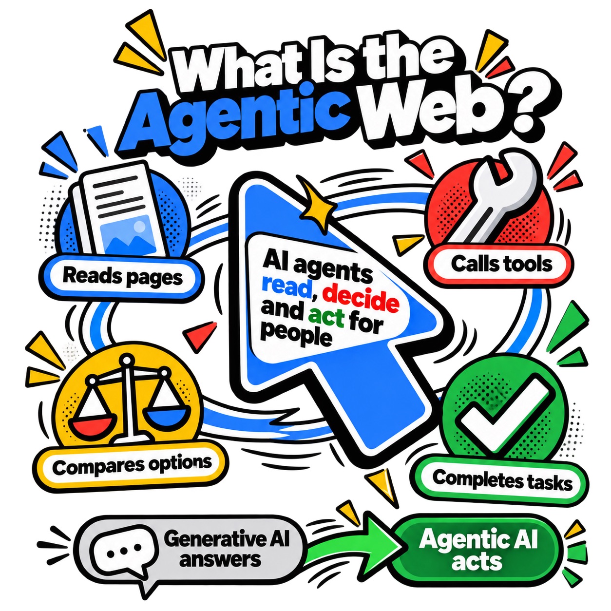 Definition of the agentic web, AI agents that read pages, call tools, compare options and complete tasks